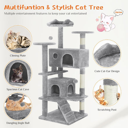 Sweetcrispy 54 Inch Cat Tree Tower, Multi-Level Tower with Cat Scratching Post, Indoor Cat Condo with Climbing Ladder, Plush Toy, Play House for Cat, Light Grey
