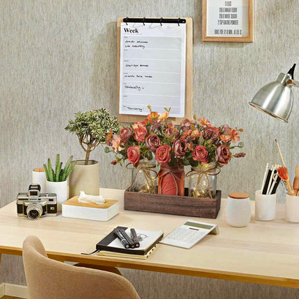 3 Pcs Mason Jar Centerpiece Table Decorations for Dining Table Decor Farmhouse Coffee Table Decor with Wood Tray and Led Light Table Centerpieces for Dining room Kitchen Living Bathroom,Orange