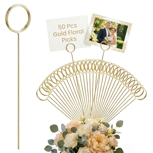 50Pcs Metal Floral Card Holder Picks - Flower Card Holder Sticks for Gift Cards & Flower Bouquet. Floral Picks & Picture Photo Holders for Centerpieces, Wedding Birthday Party Decoration Accessories