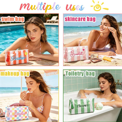 Personalized Embroidered Travel Makeup Bag for Women, Custom Waterproof Striped Skincare Makeup Storage w/ Name, Large PVC Coat Toiletry Bag for Summer Pool Beach, Wedding Bridesmaids Birthday Gifts