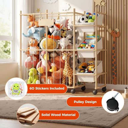 Sevenblue Toy Storage Organizer with 3 Removable Bins, Kids Storage Toy Shelf Organizer for Stuffed Animal Holder for Bedroom Playroom Nursery | Wood & White