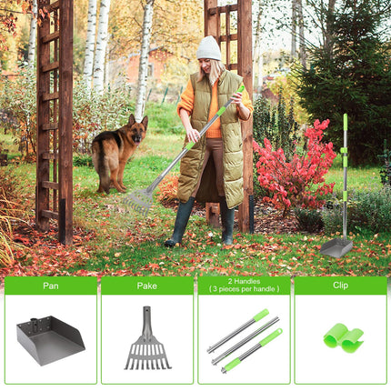Non-Breakable Pooper Scooper, Dog Pooper Scooper Tray & Rake Set with Adjustable Stainless Steel Long Handle for Large Medium Small Dogs (Green)