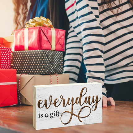 Everyday is a Gift Rustic Wooden Block Sign, 5x3 Inch Positive Inspirational Wood Plaque, Farmhouse Home Decor for Desk Tabletop Shelf, Housewarming Christmas Gift for Friends Family - A14