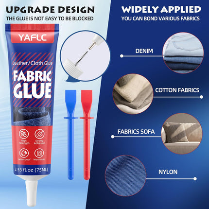 YAFLC Fabric Glue Permanent, Fabric Glue for Patch, Clear Fabrics Adhesive for Clothing Permanent Washable for All Cotton, Denim, Flannel, Polyester 75 ml
