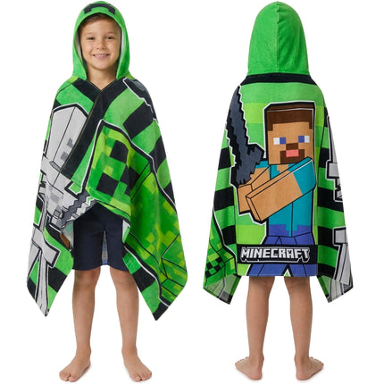 Minecraft Towelling Poncho Kids Teenagers Hooded Bath Towels Absorbent Creeper Beach Towel for Bathroom Pool Vacation Holiday Essentials (Green/Black, 6-14 Years)