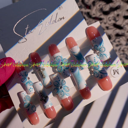 HAND-PAINTED White Press Ons Neon Small Press on Nails Long French Press on Nails Coffin Medium Short Nail art Fake Nail Art Kit with 7g Glue on Nails Handmade Almond Square Nails (TJ-8, Medium)