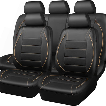 CAR PASS Universal FIT Piping Leather Car Seat Cover, for suvs,Van,Trucks,Airbag Compatible,Inside Zipper Design and Reserved Opening Holes (Full Set, Black and Beige)