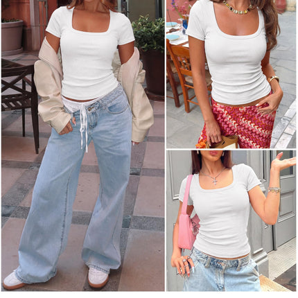 Women Short Sleeve Tops Scoop Neck Ribbed Tee Shirts