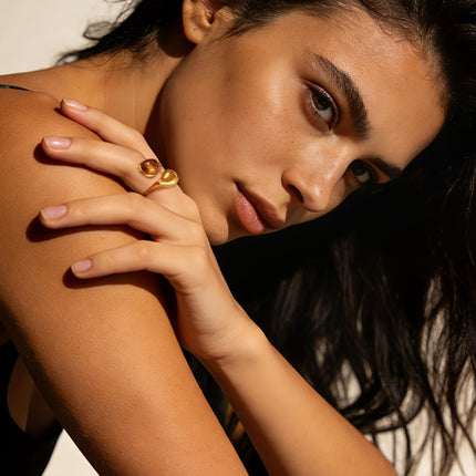 14K Gold Plated Tiger Eye Stone Chunky Open Ring Boho Vintage Rings for Women Brown Jewelry and Pearl