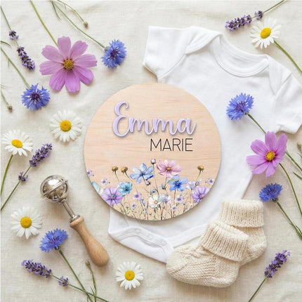 Personalized Wooden Birth Announcement Sign with Raised Acrylic Name – Custom Baby Name Plaque with Wildflowers – Newborn Hospital Photo Prop – 5" to 8" Round Sizes | BS102