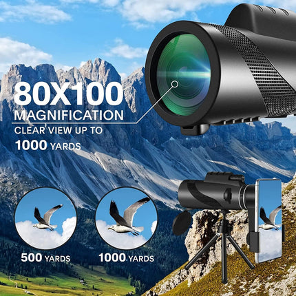 Monocular-Telescope 80x100 High Powered Monoculars High Definition for Adults High Powered with Smartphone Adapter Telescope Hunting Wildlife Bird Watching Travel Camping Hiking-Black