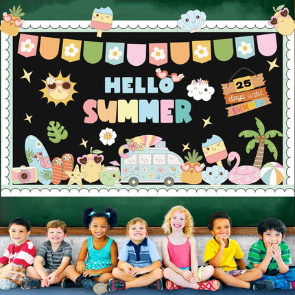 Summer Bulletin Board Decorations Set Countdown to Summer Bulletin Board End of Year Classroom Decor Tropical Hawaiian Beach Paper Cutouts with Blue Border for Home Office School Chalkboard Wall Door