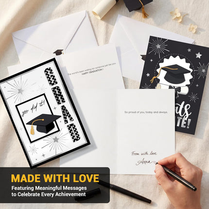 Graduation Cards 2026 Bulk Assortment for College & High School (5x7") - 12 Pack Black and Gold Foil Design with Envelopes & Stickers, Congrats Grad Gift Decorations for Him Her, Printed Messages