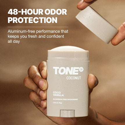 TONE Aluminum Free Deodorant for Men & Women, Coconut Vanilla, Paraben Free Formula with up to 48-Hour Odor Protection, Dermatologist-Tested, 2.65 oz