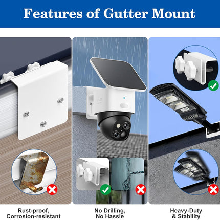 2 Pack Gutter Mount Bracket for Eufy Security SoloCam S340/E30/E42 and 4G LTE Cam S33, Stainless Steel Gutter Mount for Solar Security Camera, No-Drill Installation