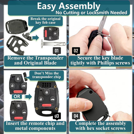 Key Fob Shell Replacement for Honda Accord 2003-2012, Civic 2006-2013, Pilot 2009-2015, CRV 2005-2006 | No Blade Cutting Required - Built Tough and Crack-Resistant, Easy Assembly (1, 4-Button)