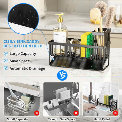 Sink Caddy Sponge Holder for Kitchen with Brush Holder and Stainless Steel Self Drain Tray, Rustproof Kitchen Sink Organizer for Sponge, Soap Dispenser Storage Accessories