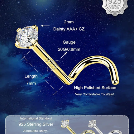 OUFER 925 Sterling Silver Nose Studs, Bone L Screw Shaped Nose Rings, 20G Nostril Solid 2mm Round CZ Nose Piercing Jewelry for Women Men-Screw Shaped
