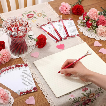 30 Sets Mother's Day Gift Bulk Diamond Pens with Crystal Top Cute Retractable Ballpoint Pen with Greeting Cards for Religious Women Mother Birthday Christian Party Pavors