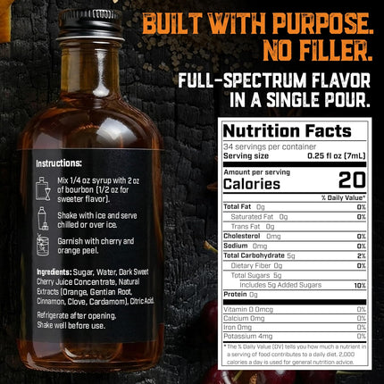 Aged and Charred Old Fashioned Mix Syrup for 32 Cocktails - Handcrafted Old Fashion Mix with Bitters, Orange, Cherry, Cinnamon - Easy to Mix with Bourbon or Whiskey