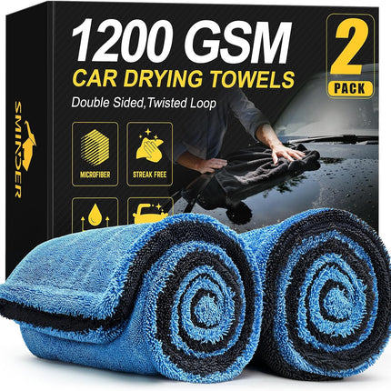 SMINDER 2-Pack 1200 GSM Car Drying Towels – Microfiber Towels for Cars (36" x 24"), Ultra-Absorbent, Streak-Free, Scratch-Free, No Water Spots, Double-Twist Pile & Edgeless Design(Blue)
