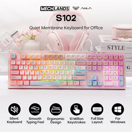 MechLands Aula S102 Membrane Gaming Keyboard with Number Pad, 100% Full Size Layout, USB-C Wired, RGB Backlit, Creamy Silicone Structure, Silent Keyboard for PC Game/Office (Pink)