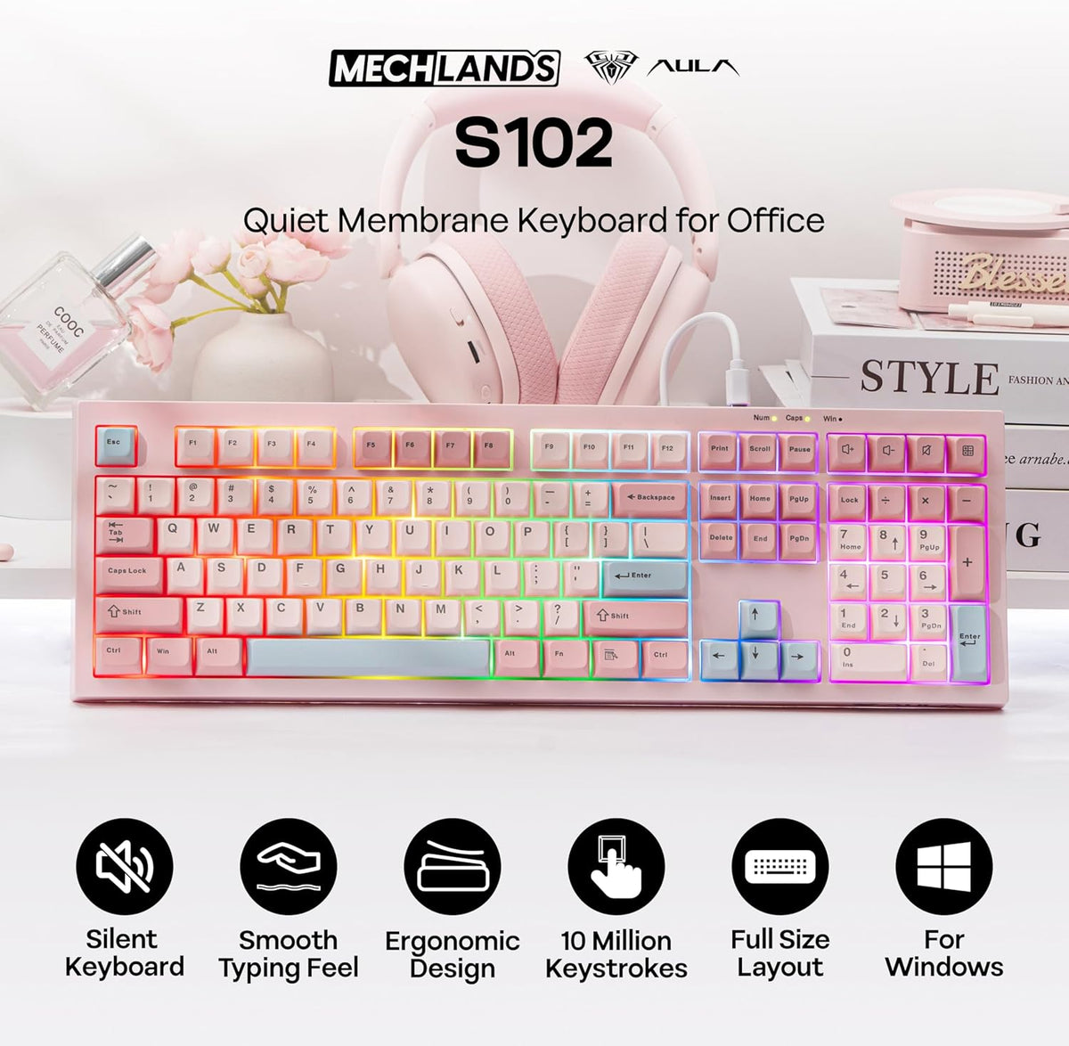 Pink Full Size USB-C Wired Membrane Gaming Keyboard - photo 2