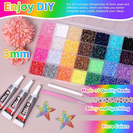 32000Pcs Rhinestones for Bedazzling Kit with Tools, 3mm Flatback Resin Gems for Crafting, Colorful Resin Rhinestones Bedazzler Kit for Clothing Shoes DIY Tumblers & Face Makeup