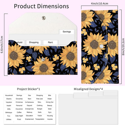 PU Leather Cash Envelopes Wallet, Reusable Money Savin Wallet, Cute Budget Envelope with 4 Dividers & 1 Sheets Budget Labels Sunflower Night Sky