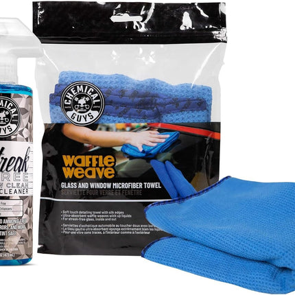 Chemical Guys Streak Free Glass & Window Cleaner (Glass, Windows, Mirrors, Nav Screens & More) Ammonia Free, 16 fl oz + Waffle Weave Glass and Window Microfiber Towel, Blue (24"x16")