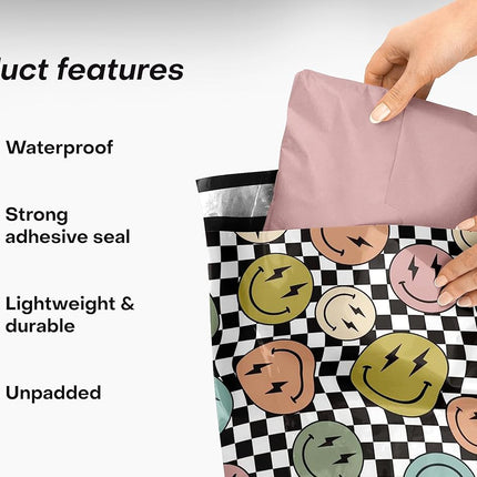 10x13 Poly Mailers – Smiles Checkerboard – Waterproof, Tear-Resistant Shipping Bags with Adhesive Seal – 100 Pack – Package Mint