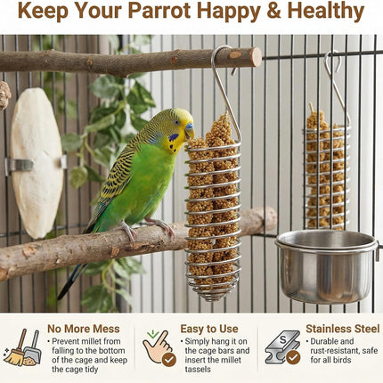2pcs Millet Spray Holder for Parrots,Millet Holder for Bird Cage,Parakeet Snack Stick Feeder,Natural Millet & Crunch Bar Station for Birds,Calcium Block Bird Feeder,Bird Cage Accessory