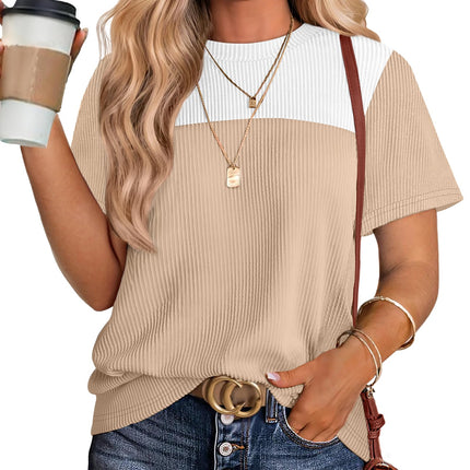 Womens Fashion 2026 Color Block Shirts Short Sleeve Knitted Summer Fall Tops Casual Trendy