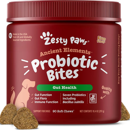 Zesty Paws Probiotics for Dogs, Digestive Enzymes Gut Flora, Digestive Health, Diarrhea & Bowel Support, DE111, Dog Probiotics Soft Chew for Pet Immune System, Chicken, 90 Ct