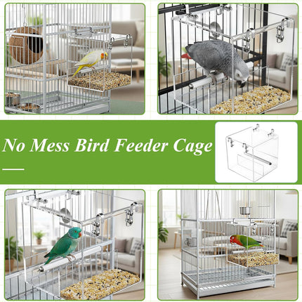 No Mess Bird Feeder for Cage Acrylic, Large Bird Cage Pet Feeder Seed Food Container, for Parakeet Canary Parrot Cockatiels Cockatiels Lorikeet Lovebirds, 6.2 x 6.2 x 6.3 inch