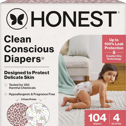 The Honest Company Comfort Dry Disposable Diapers for Sensitive Skin, Hypoallergenic, Wild Thang + All The Alpacas, Super Club Box Size 4 (22–37 lbs) 104 Count