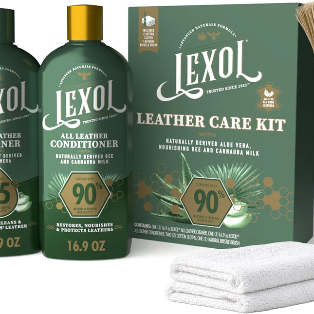 Leather Care Kit with All Leather Cleaner, Conditioner, 2 Cotton Cloths and Natural Bristle Brush, Great for Car Interiors, Furniture, Bags, Boots, Baseball Gloves, 5 Piece Kit