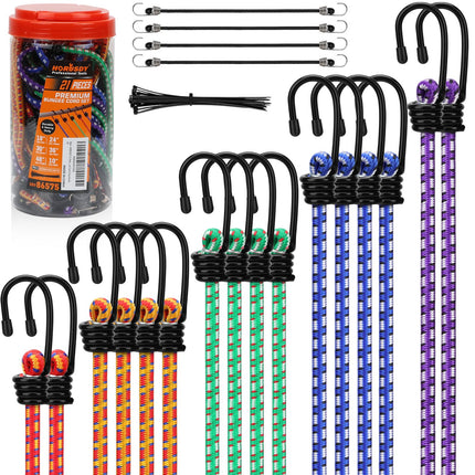 31-Piece Bungee Cords Assortment Jar, Includes 10”,18”,24”,32”,40” Bungee Cords, 6“ Zip Ties, 8”Canopy/Tarp Ball Ties and Crocodile Mouth Tarp Clips