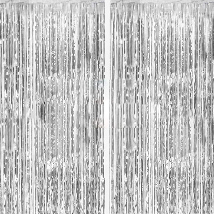 2 Pack Silver Foil Curtain Party Streamers Metallic Tinsel Foil Fringe Photo Booth Backdrop for Birthday Wedding Engagement Baby Shower Bachelorette Christmas Holiday Celebration Party Decorations