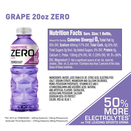 POWERADE Electrolyte Enhanced Zero Sugar Grape Sports Drink, 20 Ounce (Pack of 8)