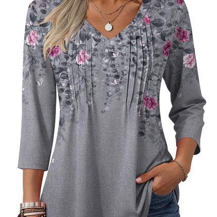 3/4 Length Sleeve Womens Tops V Neck Pleated Boho Floral Blouses
