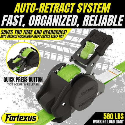 Retractable Ratchet Straps,1'' x 12' Heavy Duty Tie Downs Automatic Retractable Ratchet Straps 1760lb Break Strength for Trailer,Motorcycle,Scooter,Pickup Truck,UTV,Kayak(Neon Green,4 Pack)