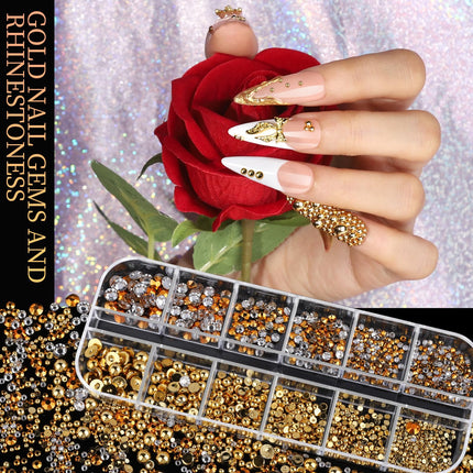 Gold Nail Charms and Gems Set, 4 Boxes Nail Gems Nail Pearls Nail Art Tools, 3D Cross Nail Charms Heart Nail Rhinestones for Nails Supplies, Charms for Nails Design Nail Art Kit