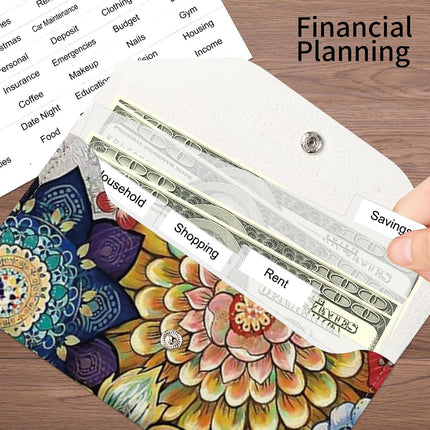 PU Leather Cash Envelopes Wallet, Reusable Money Savin Wallet, Cute Budget Envelope with 4 Dividers & 1 Sheets Budget Labels Floral Mandala