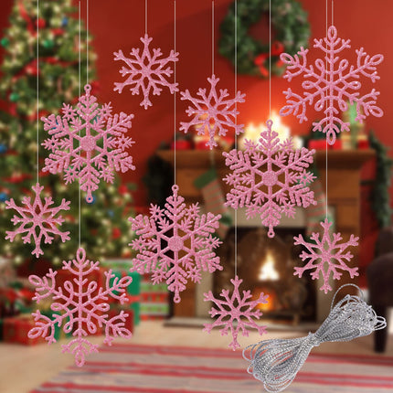 40Pcs White Glitter Snowflake Winter Snowflake Ornaments Christmas Hanging Decorations with 197 Inches Silver Rope for Wedding Birthday Home Xmas Tree Window Door Accessories