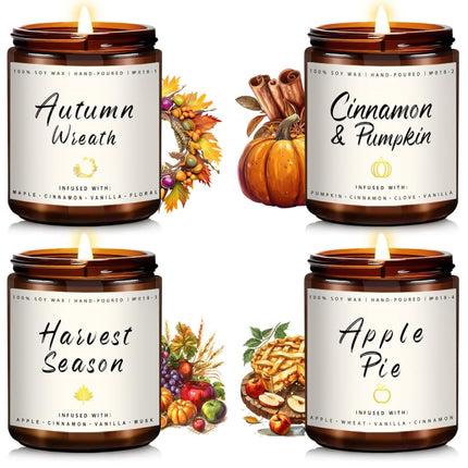 Fall Candle Set | 4 Pack Scented Candles for Home - Candle Gifts for Women Men, Soy Candles Home Scented | Autumn Fragrance of - Apple Pie/Cinnamon/Harvest/Wreath