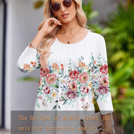 3/4 Length Sleeve Womens Tops Round Neck Casual Summer Tunic Tops Basic Tees Blouses Dressy T-Shirts Pleated Shirts