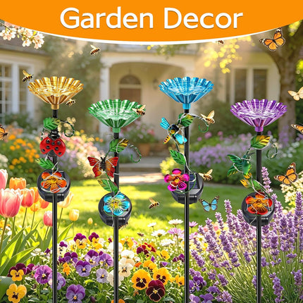 Solar Hummingbird Feeder with LED Light,Garden Bird&Butterfly Water Feeder Stakes,Solar Garden Decor for Hummingbirds Bees&Butterflies,Metal Yard Stakes with Dragonfly Ladybug Bird & Butterfly(4 Pack)
