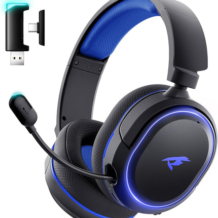 Wireless Gaming Headset, 7.1 Surround Sound, 2.4GHz USB Gaming Headphones with Bluetooth 5.4, 100H Battery, ENC Noise Canceling Mic, RGB Light, Wireless Headset for PC PS5 PS4 Mac Switch (Black-Blue)