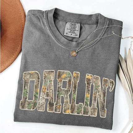 FITIN Darlin’ Camo Comfort Colors Tee, Southern Country Girl Shirt, Western Varsity Camouflage Graphic T Shirt